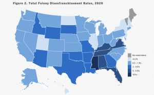 U.S. map comparing the levels of felony disenfranchisement from state to state.