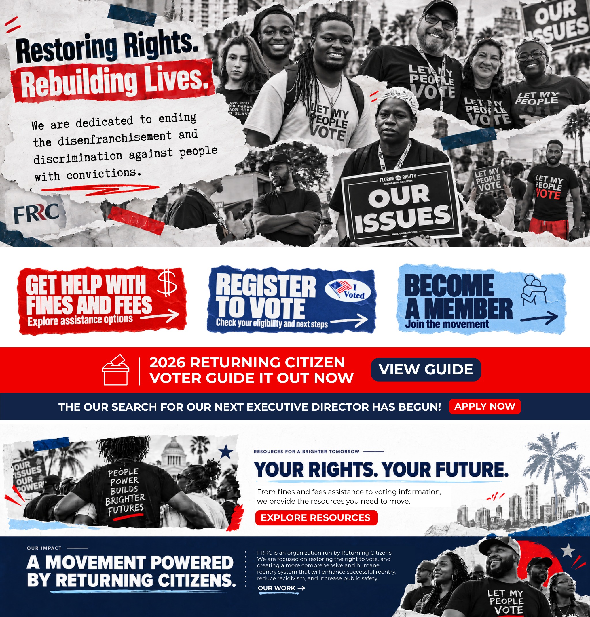 FRRC home page: Restoring Rights. Rebuilding Lives. Action buttons, voter guide, executive director opportunity, resources and movement.